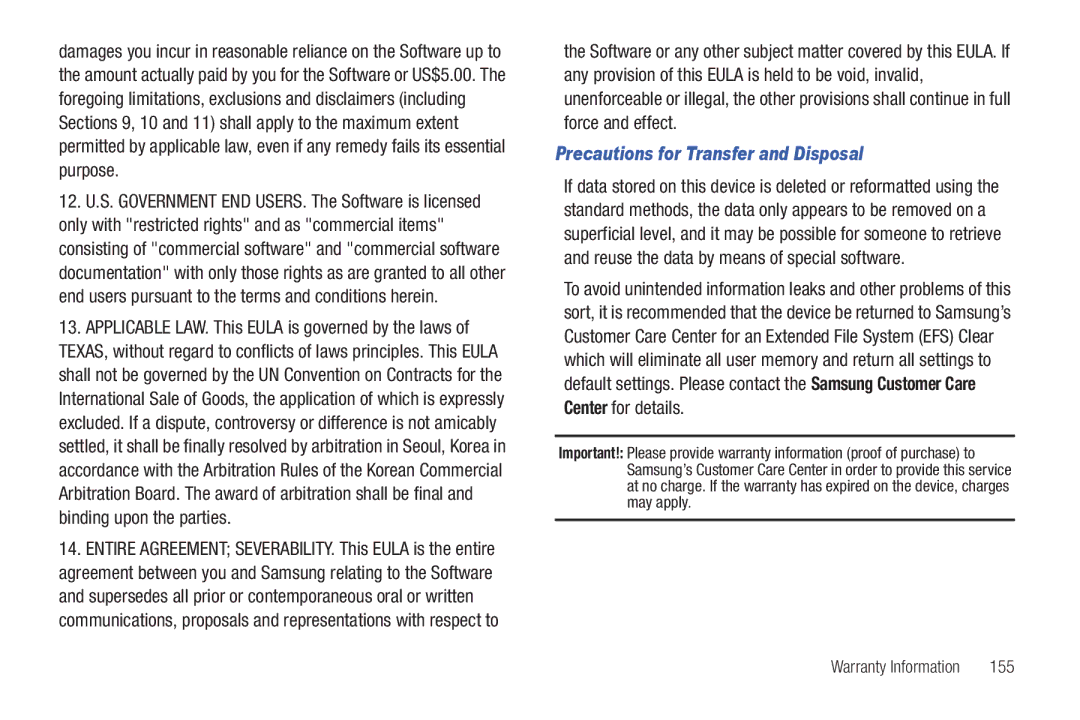 Samsung GH68-32785A user manual Precautions for Transfer and Disposal, 155 