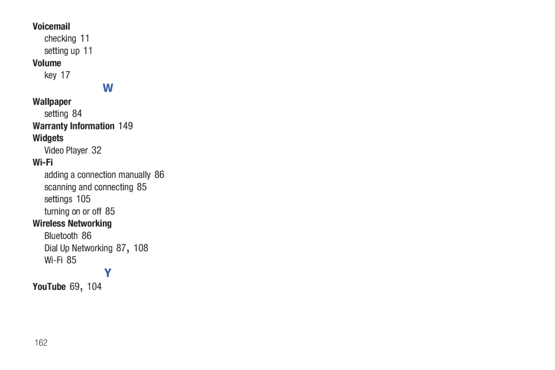 Samsung GH68-32785A user manual Voicemail, Volume, Warranty Information Widgets, Wi-Fi, Wireless Networking, YouTube 69 