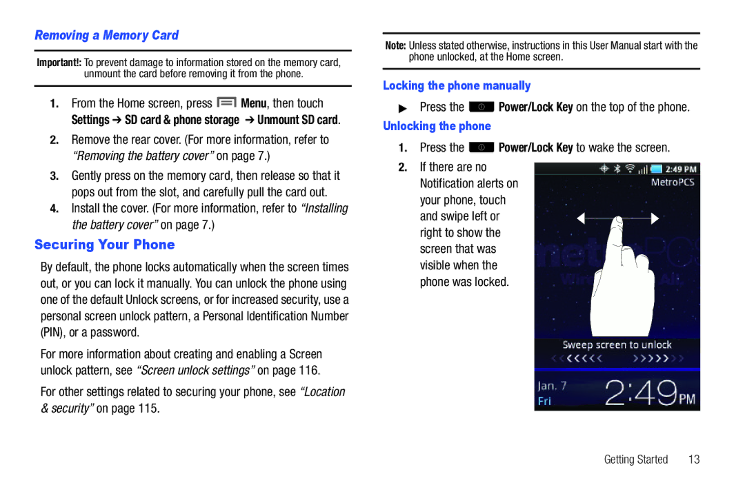 Samsung GH68-32785A user manual Securing Your Phone, Removing a Memory Card, Security on 