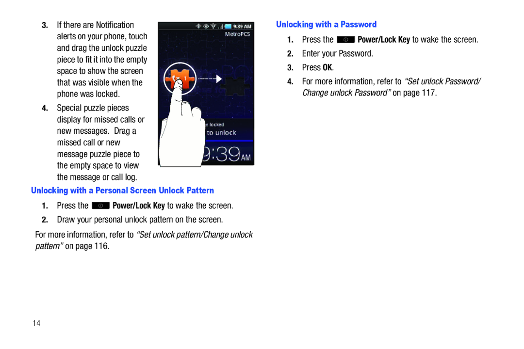 Samsung GH68-32785A user manual Unlocking with a Personal Screen Unlock Pattern, Unlocking with a Password 