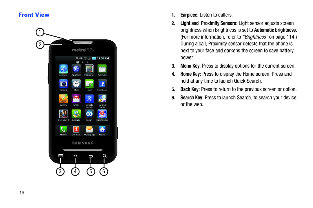 Samsung GH68-32785A user manual Front View, Earpiece Listen to callers 