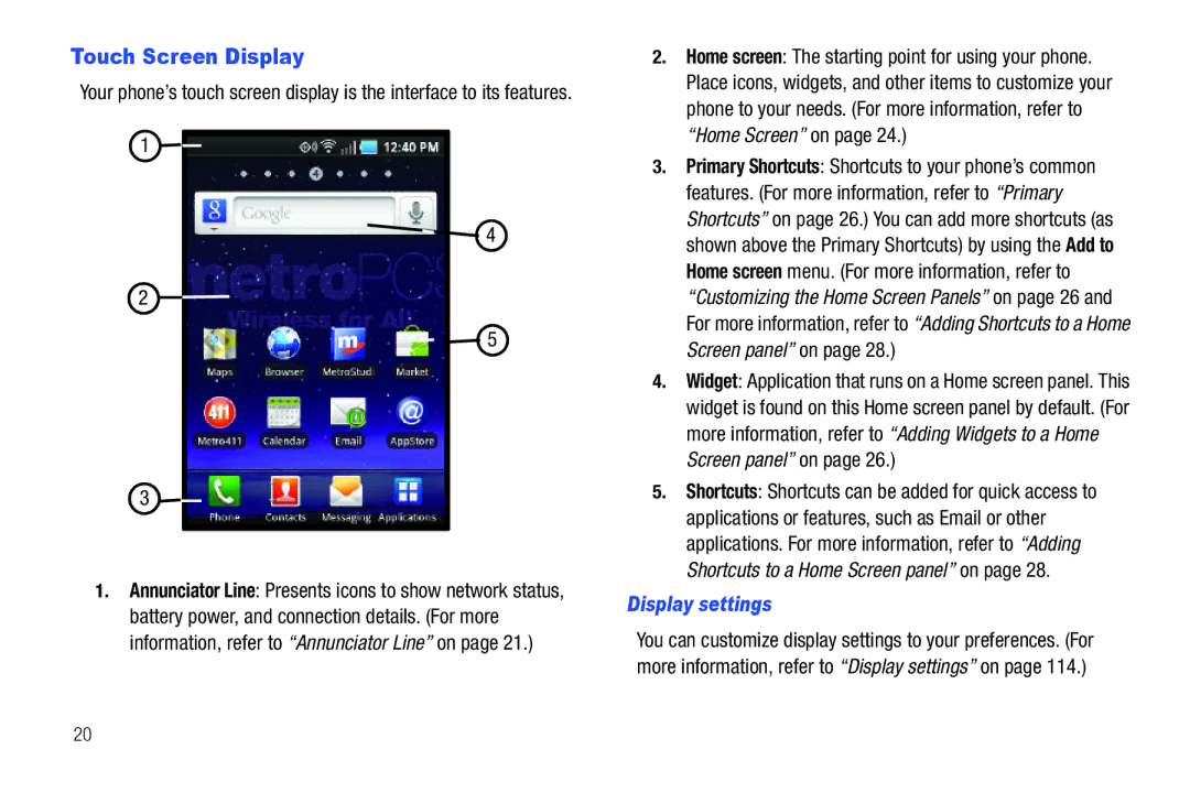 Samsung GH68-32785A user manual Touch Screen Display, Display settings 