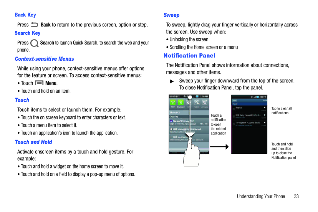 Samsung GH68-32785A Notification Panel, Context-sensitive Menus, Touch Menu Touch and hold on an item, Touch Sweep 