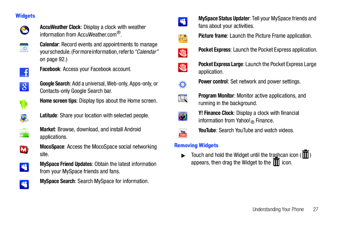 Samsung GH68-32785A user manual Facebook Access your Facebook account, Power control Set network and power settings 