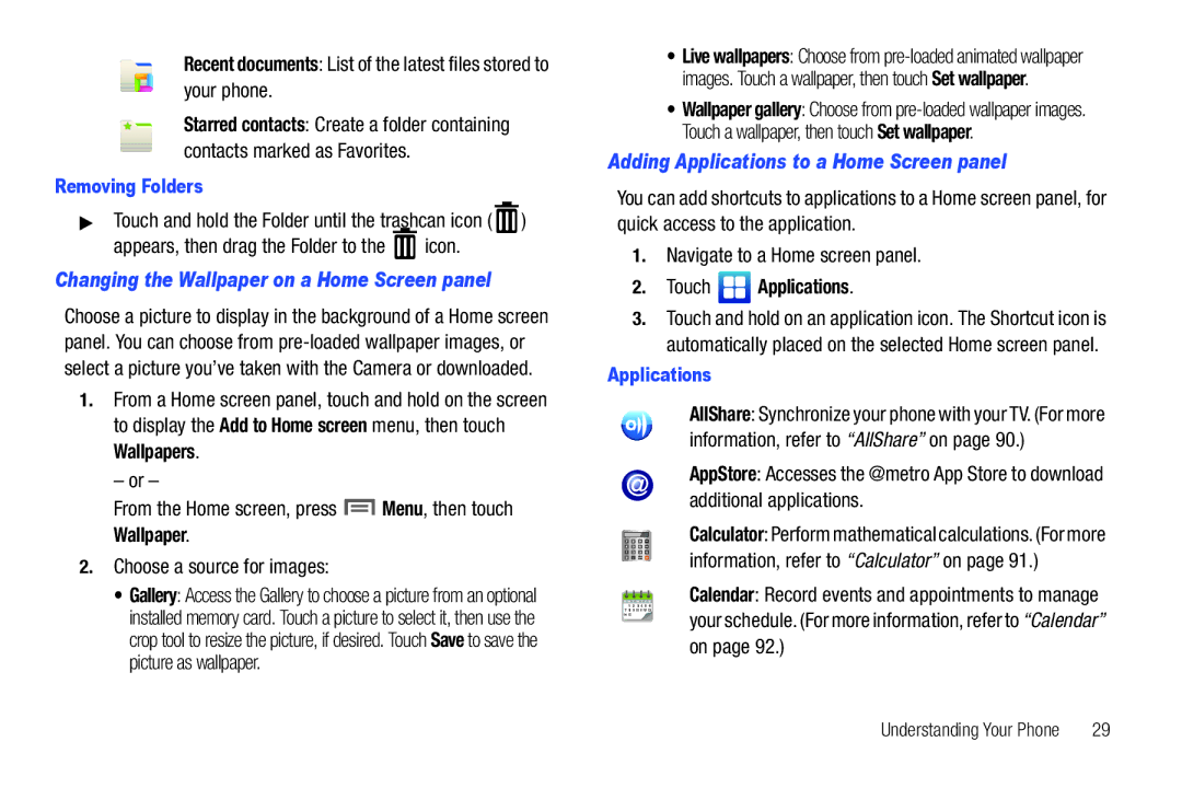 Samsung GH68-32785A user manual Changing the Wallpaper on a Home Screen panel, Adding Applications to a Home Screen panel 