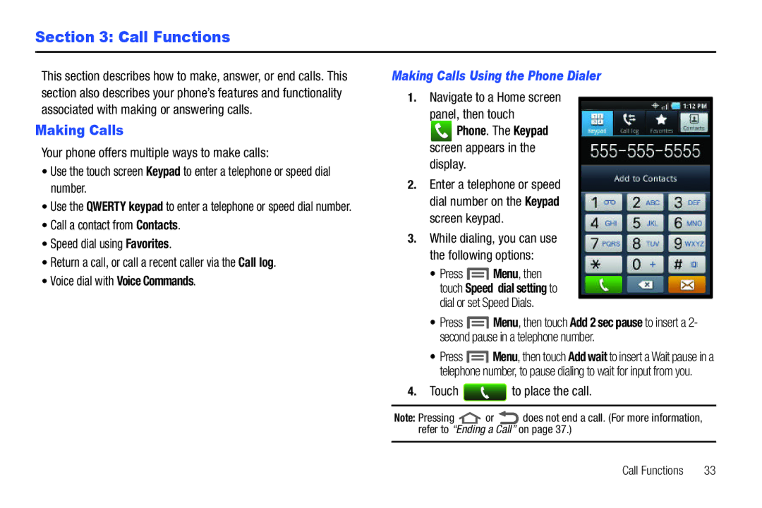 Samsung GH68-32785A user manual Call Functions, Making Calls Using the Phone Dialer 