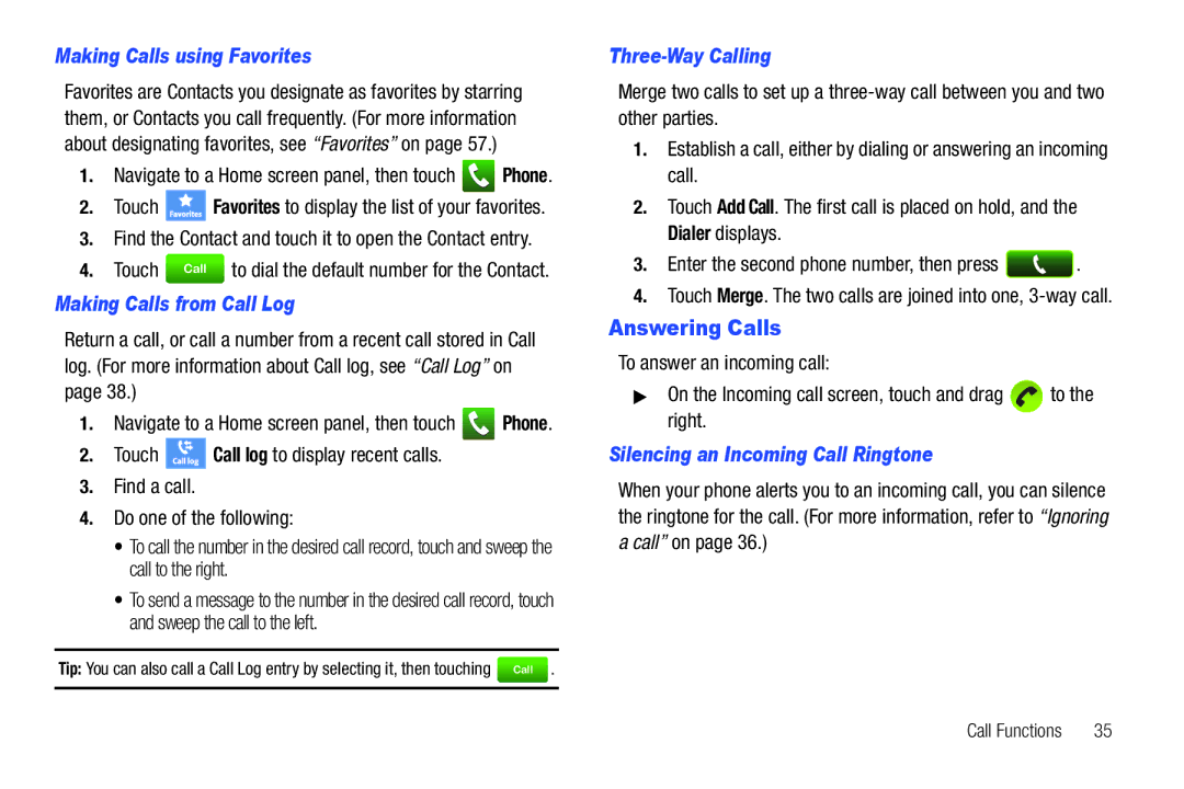 Samsung GH68-32785A Answering Calls, Making Calls using Favorites, Making Calls from Call Log, Three-Way Calling 