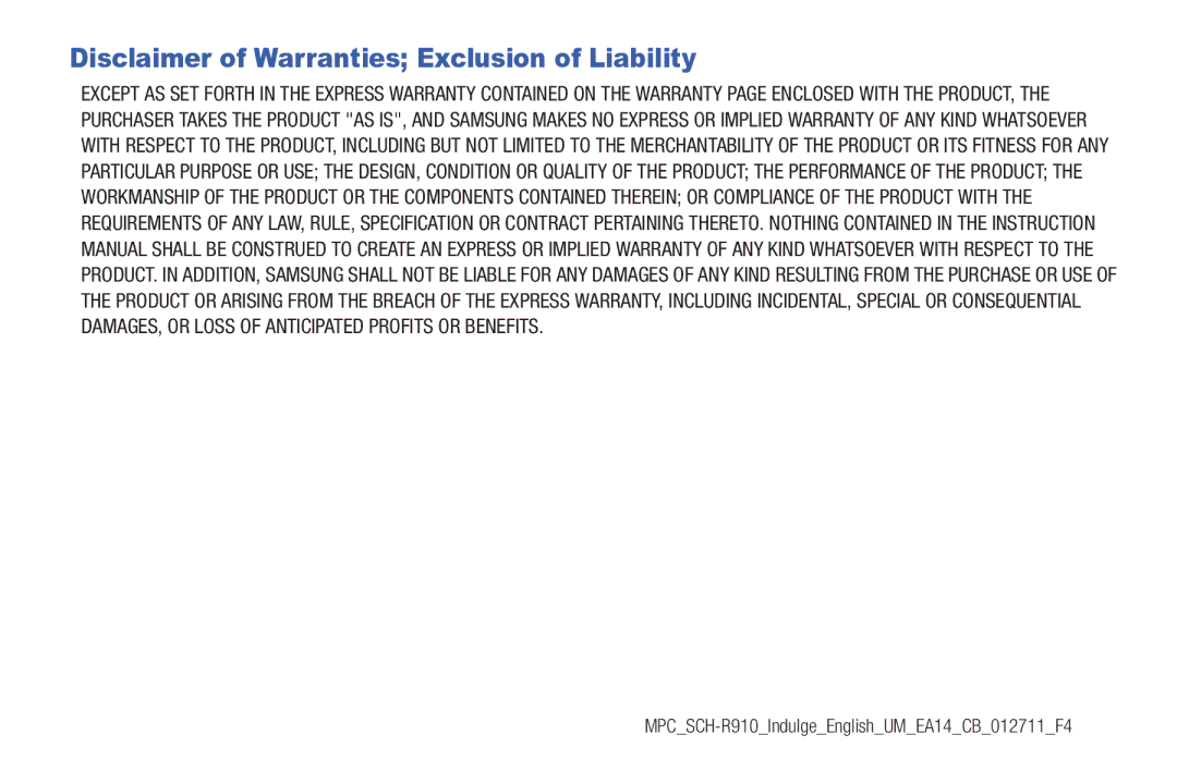 Samsung GH68-32785A user manual Disclaimer of Warranties Exclusion of Liability 