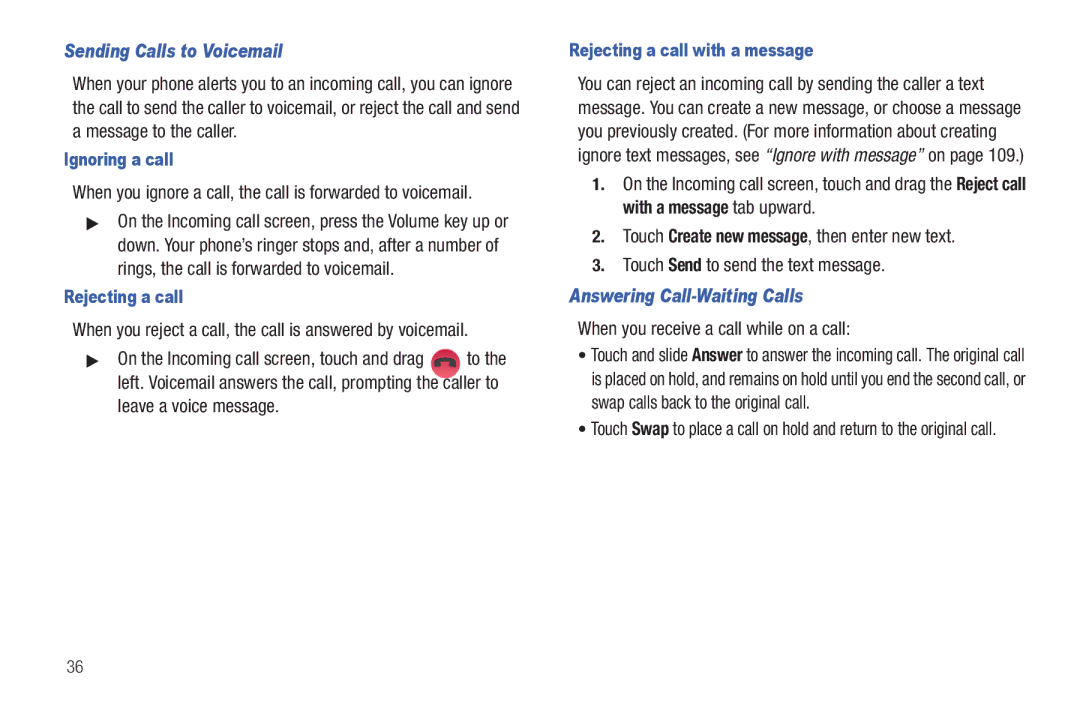 Samsung GH68-32785A Sending Calls to Voicemail, Answering Call-Waiting Calls, When you receive a call while on a call 