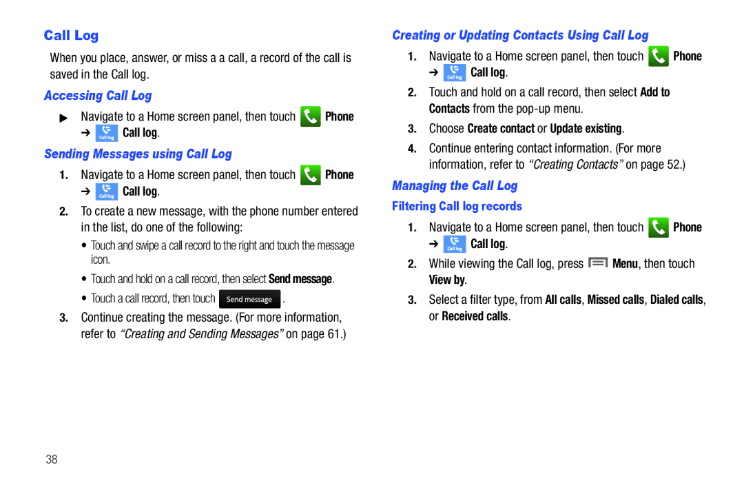 Samsung GH68-32785A Accessing Call Log, Sending Messages using Call Log, Creating or Updating Contacts Using Call Log 