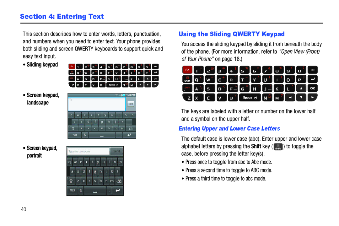 Samsung GH68-32785A Entering Text, Using the Sliding Qwerty Keypad, Sliding keypad, Entering Upper and Lower Case Letters 