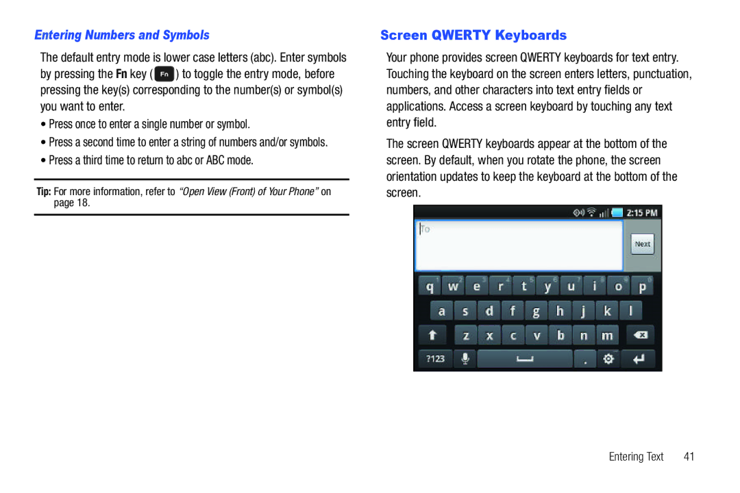 Samsung GH68-32785A Screen Qwerty Keyboards, Entering Numbers and Symbols, Press a third time to return to abc or ABC mode 