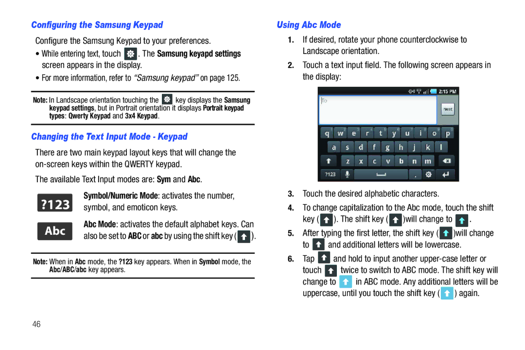 Samsung GH68-32785A user manual Configuring the Samsung Keypad, Changing the Text Input Mode Keypad, Using Abc Mode 