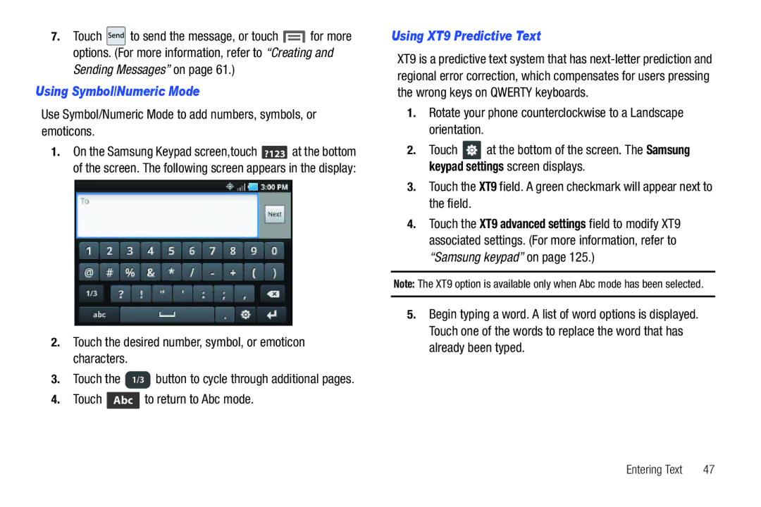 Samsung GH68-32785A user manual Using Symbol/Numeric Mode, Touch the desired number, symbol, or emoticon characters 