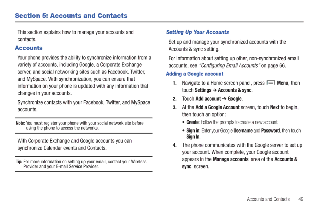 Samsung GH68-32785A Accounts and Contacts, Setting Up Your Accounts, Touch Add account Google, Adding a Google account 