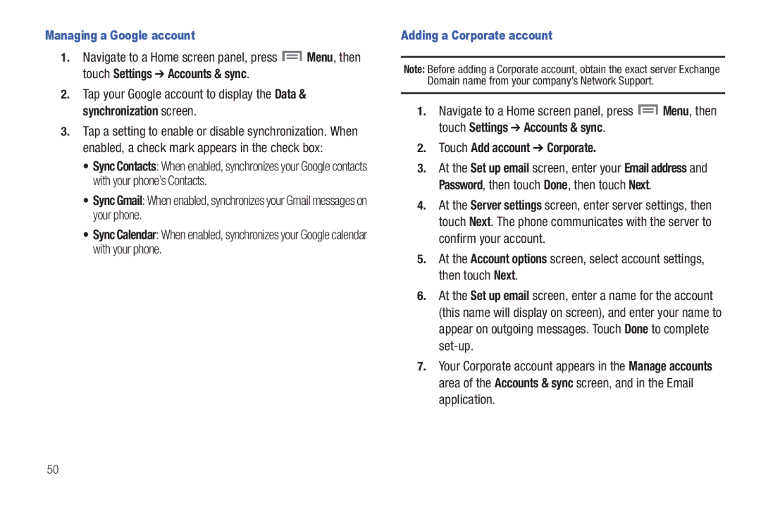 Samsung GH68-32785A user manual Touch Add account Corporate, Managing a Google account, Adding a Corporate account 