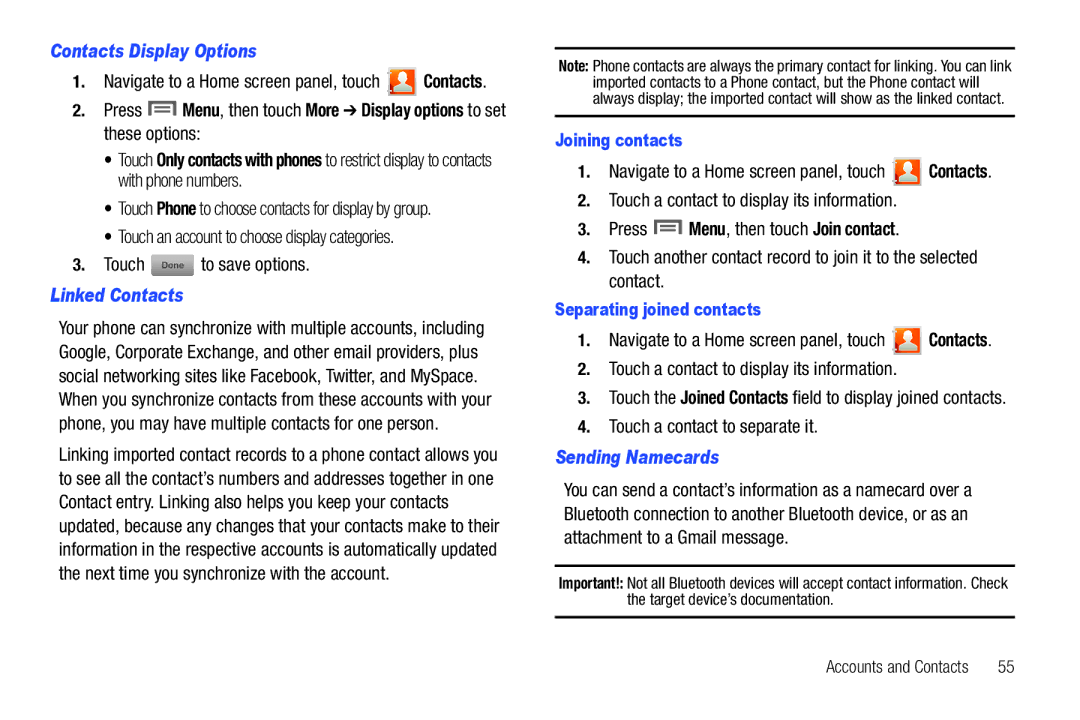 Samsung GH68-32785A user manual Contacts Display Options, Linked Contacts, Touch a contact to display its information 