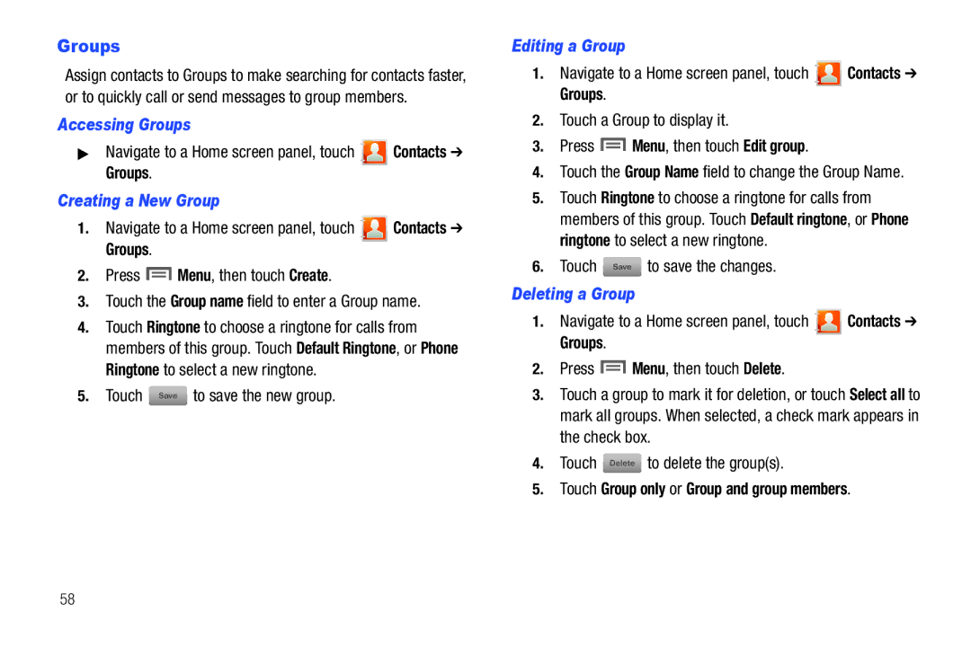 Samsung GH68-32785A user manual Accessing Groups, Creating a New Group, Editing a Group, Deleting a Group 