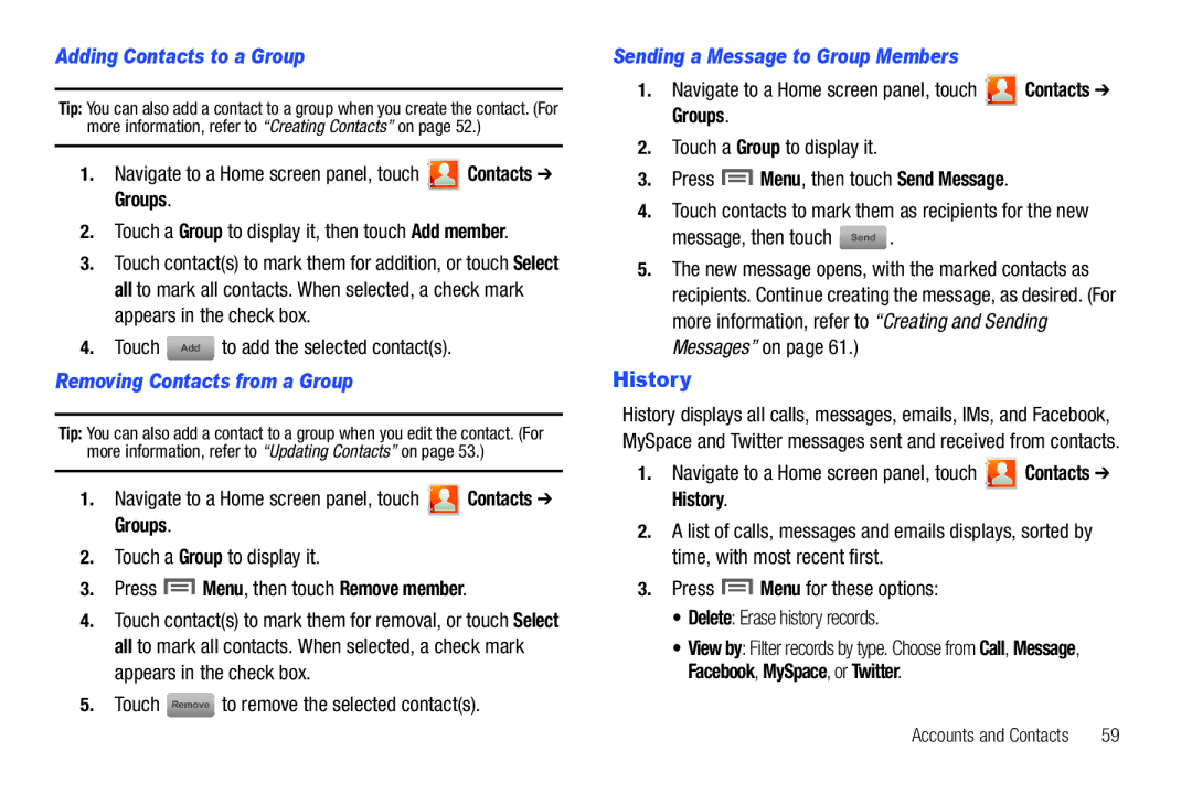 Samsung GH68-32785A user manual History, Adding Contacts to a Group, Removing Contacts from a Group 