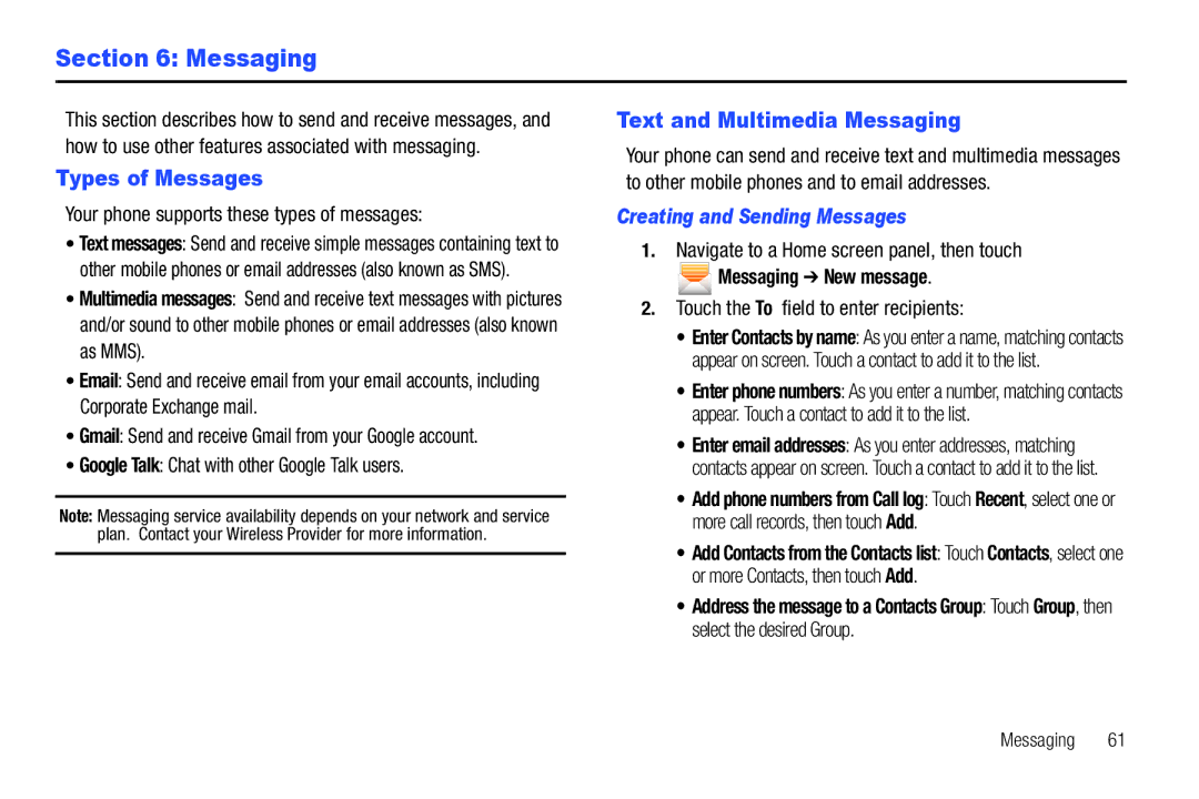 Samsung GH68-32785A user manual Types of Messages, Text and Multimedia Messaging, Creating and Sending Messages 