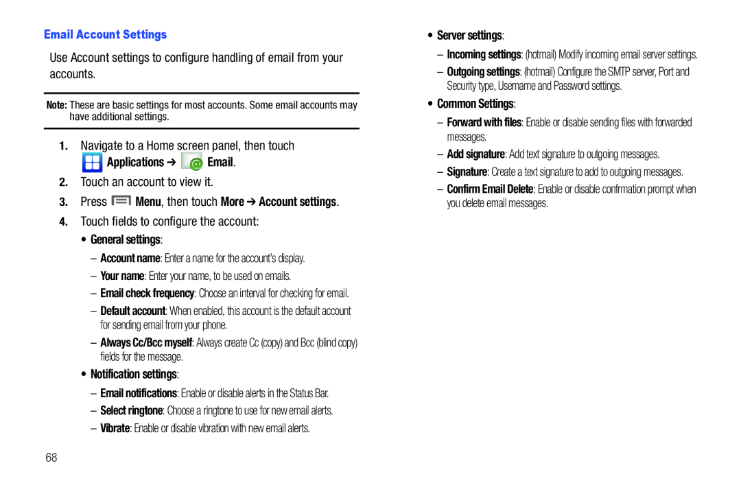 Samsung GH68-32785A user manual Touch an account to view it, Press Menu, then touch More Account settings, Common Settings 