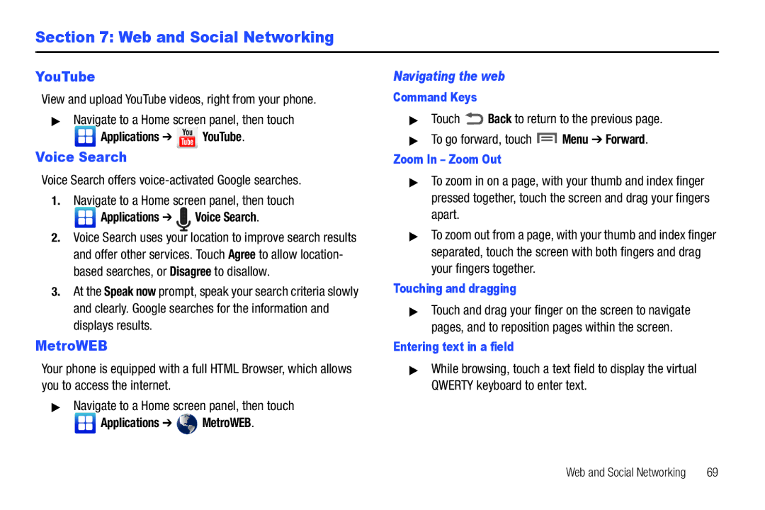 Samsung GH68-32785A user manual Web and Social Networking, YouTube, Voice Search, MetroWEB, Navigating the web 