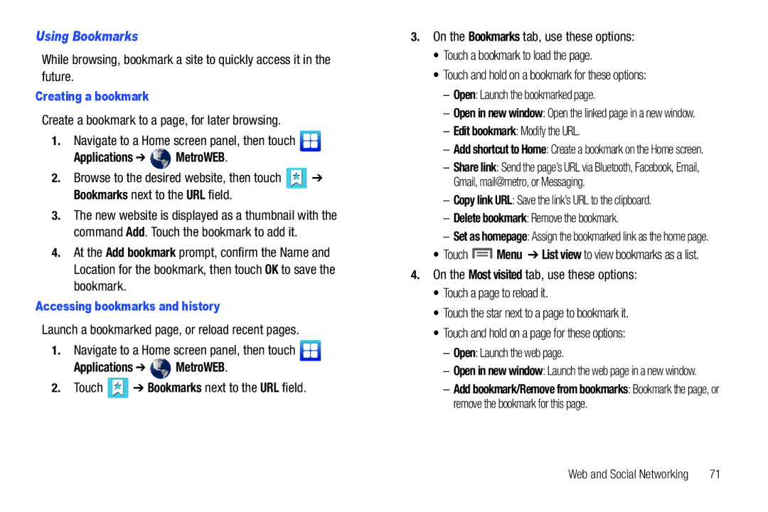 Samsung GH68-32785A user manual Using Bookmarks, Edit bookmark Modify the URL, Delete bookmark Remove the bookmark 