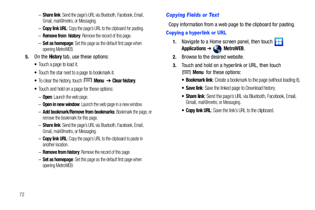 Samsung GH68-32785A Copying Fields or Text, To clear the history, touch Menu Clear history, Copying a hyperlink or URL 