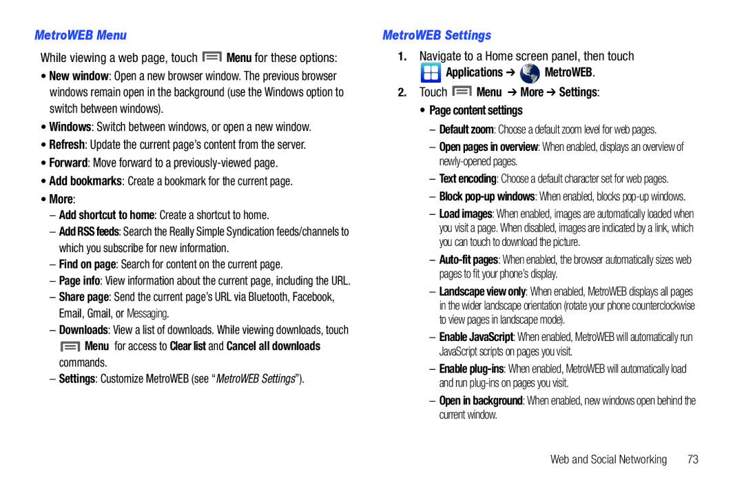 Samsung GH68-32785A user manual MetroWEB Menu, Forward Move forward to a previously-viewed, More, MetroWEB Settings 