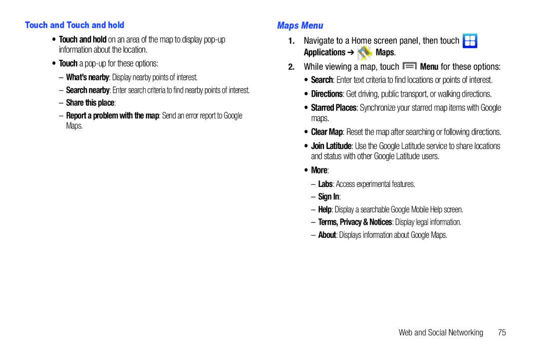 Samsung GH68-32785A user manual Touch a pop-up for these options, Maps Menu, Labs Access experimental features, Sign 