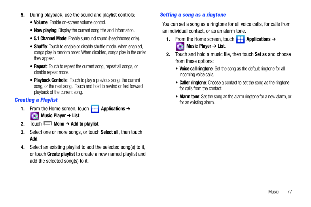 Samsung GH68-32785A user manual Volume Enable on-screen volume control, Creating a Playlist, Setting a song as a ringtone 