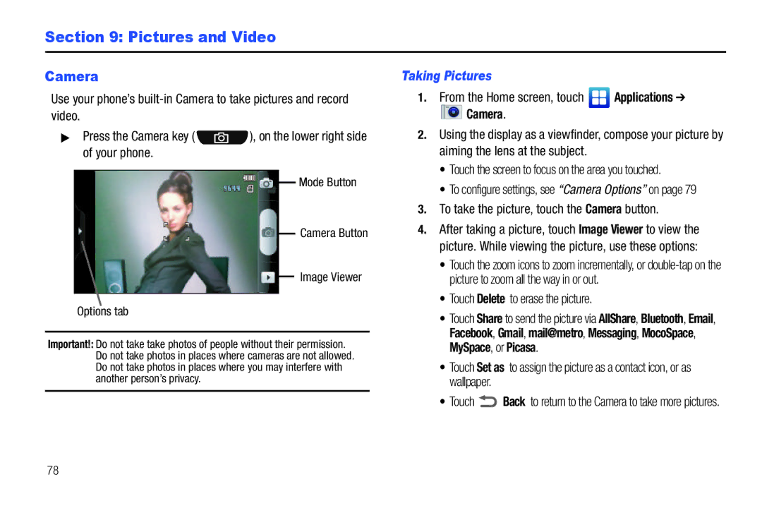 Samsung GH68-32785A user manual Pictures and Video, Camera, Taking Pictures 