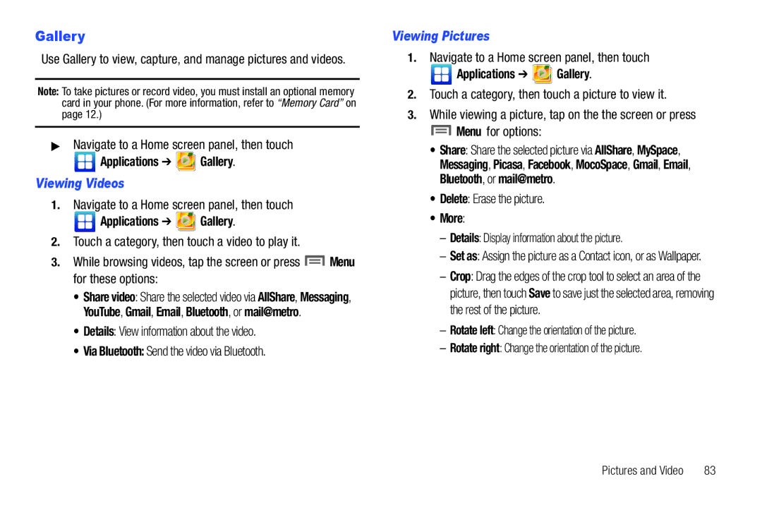 Samsung GH68-32785A user manual Applications Gallery, Viewing Videos, Viewing Pictures 