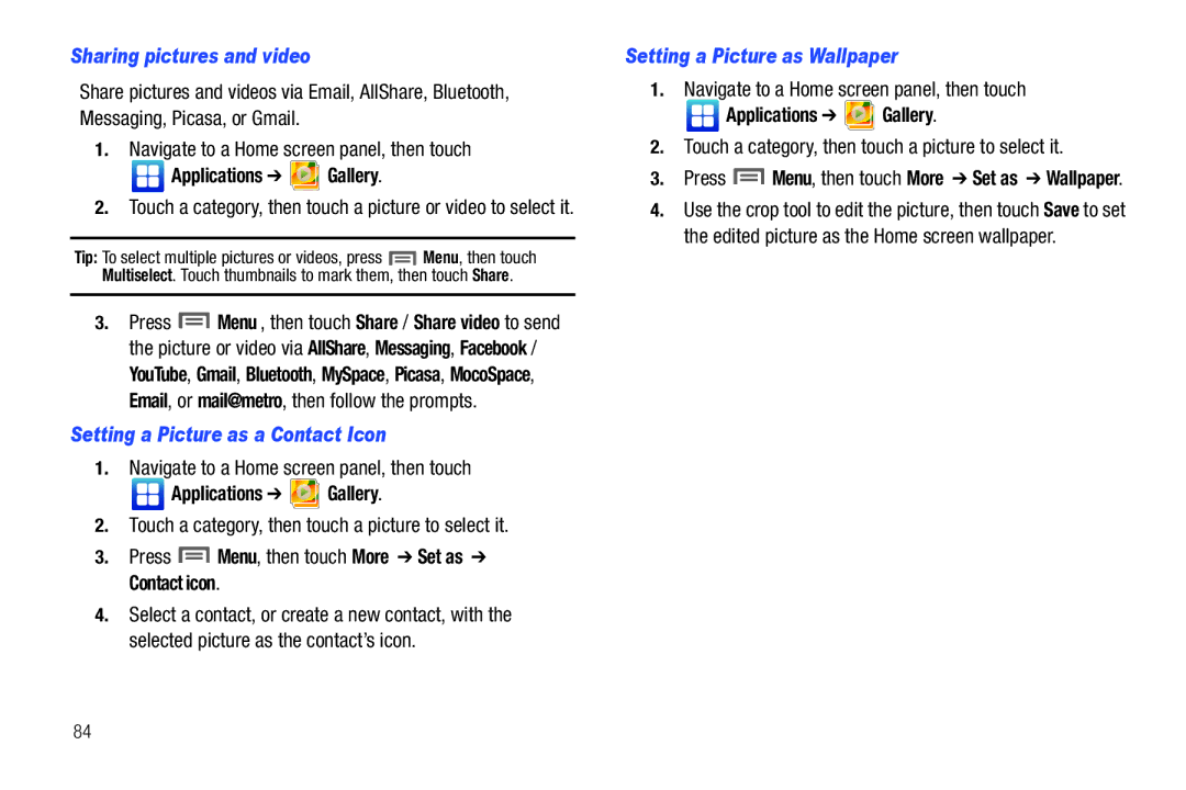 Samsung GH68-32785A Sharing pictures and video, Setting a Picture as a Contact Icon, Setting a Picture as Wallpaper 