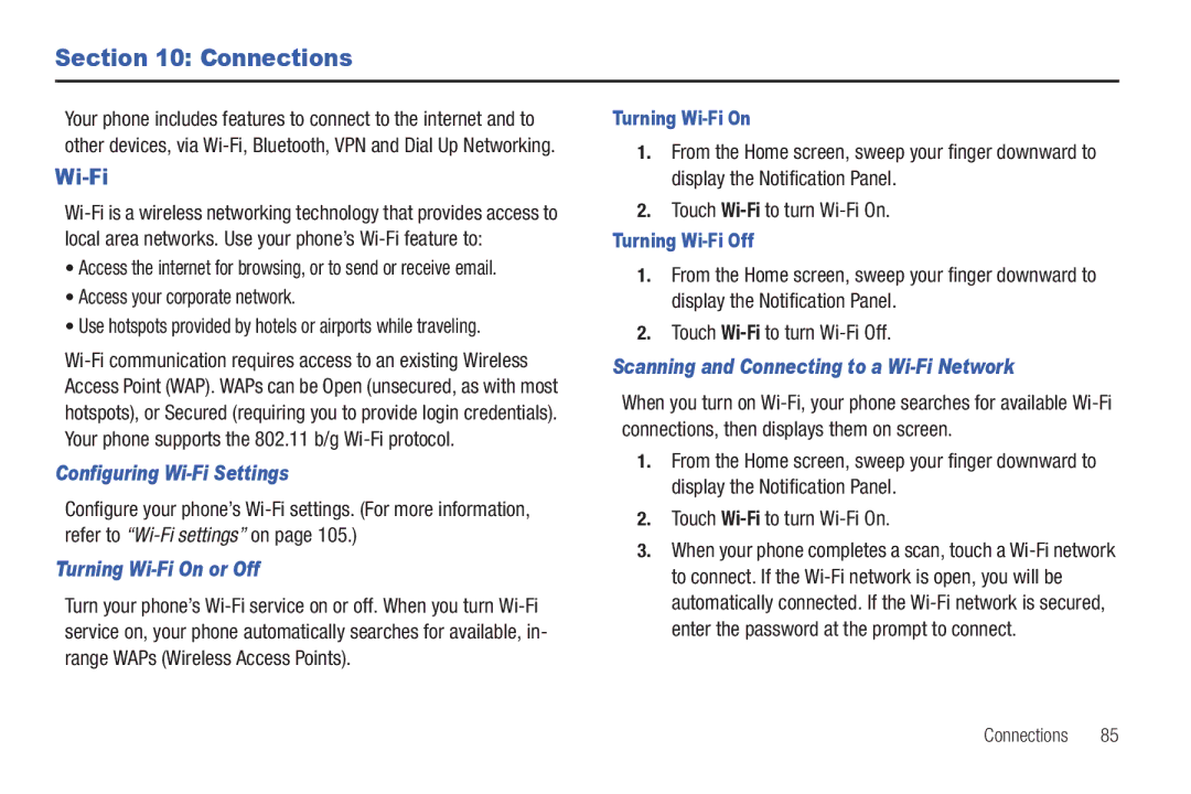 Samsung GH68-32785A user manual Connections, Configuring Wi-Fi Settings, Turning Wi-Fi On or Off 