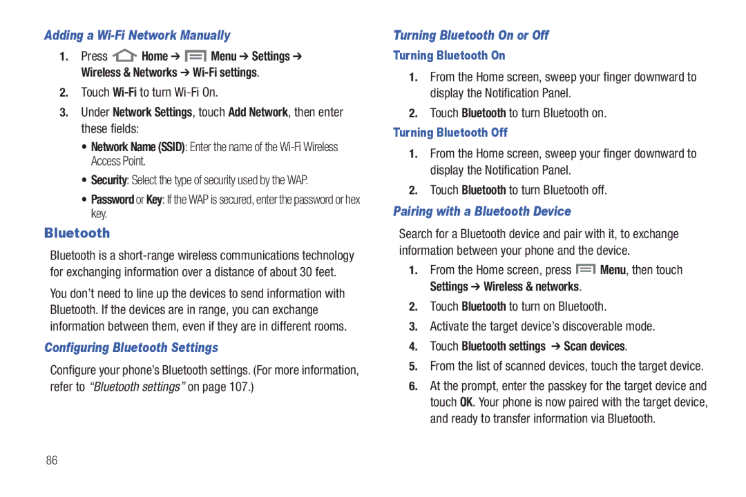 Samsung GH68-32785A Adding a Wi-Fi Network Manually, Configuring Bluetooth Settings, Turning Bluetooth On or Off 