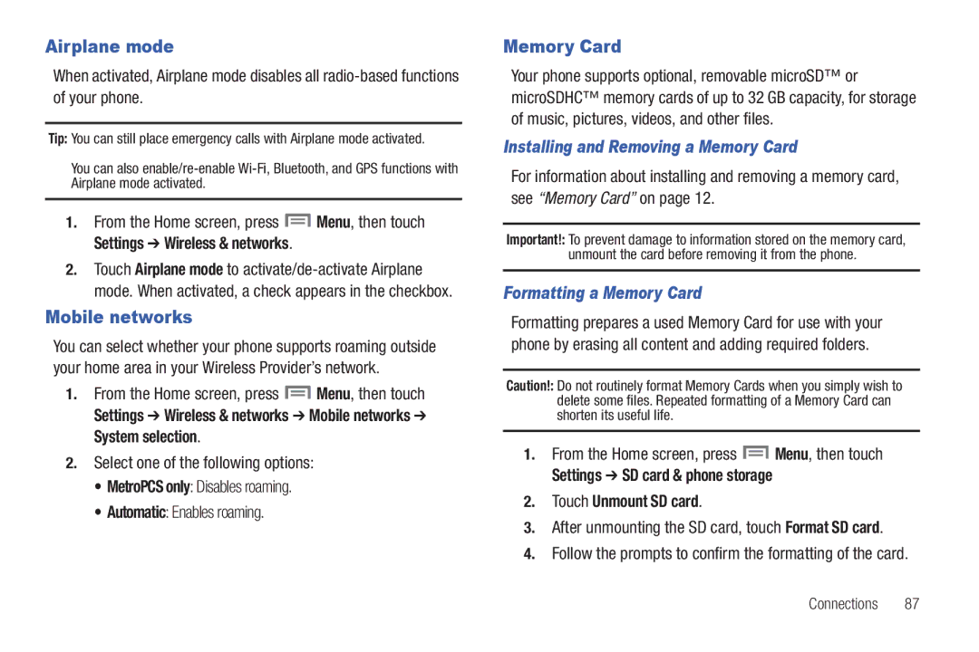 Samsung GH68-32785A Airplane mode, Mobile networks, Installing and Removing a Memory Card, Formatting a Memory Card 