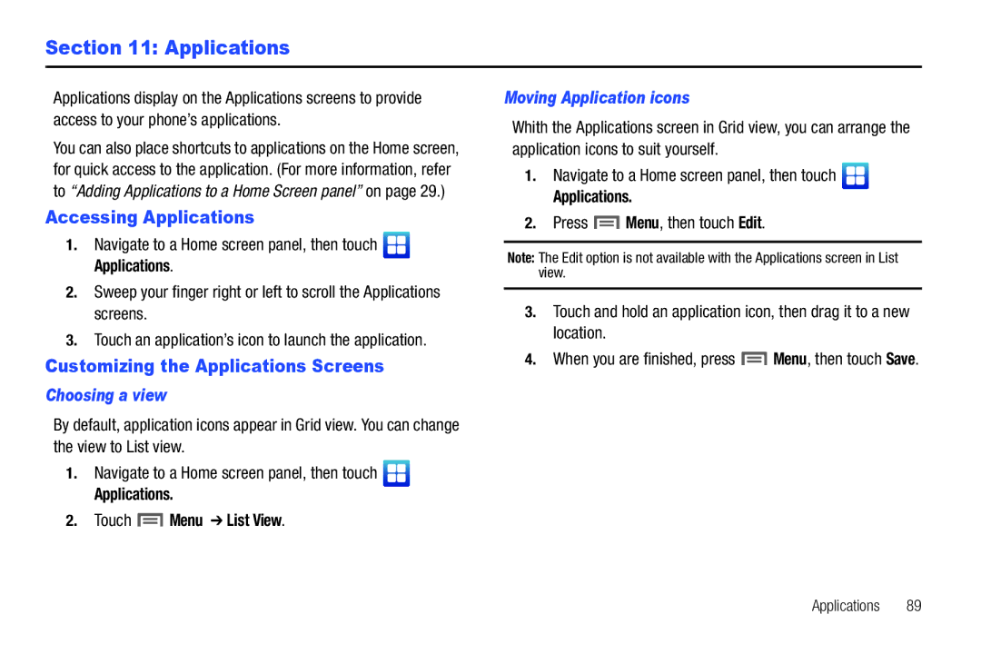 Samsung GH68-32785A user manual Accessing Applications, Customizing the Applications Screens, Choosing a view 