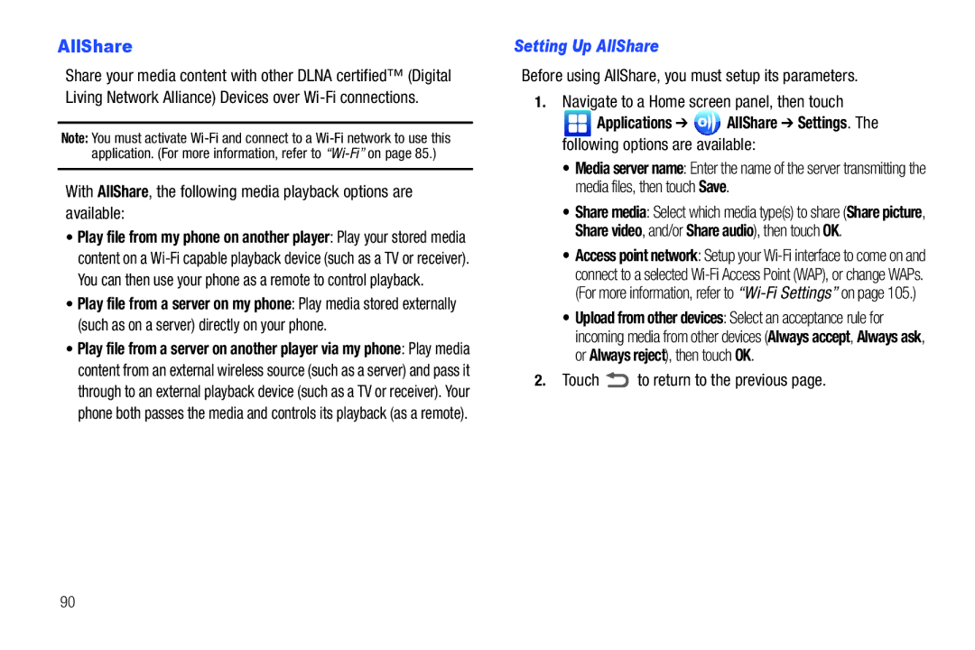 Samsung GH68-32785A user manual Setting Up AllShare, Applications AllShare Settings, Following options are available 