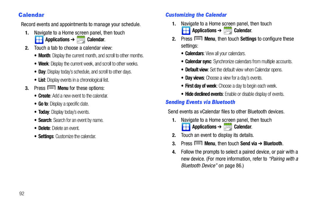 Samsung GH68-32785A user manual Applications Calendar, Customizing the Calendar, Sending Events via Bluetooth 