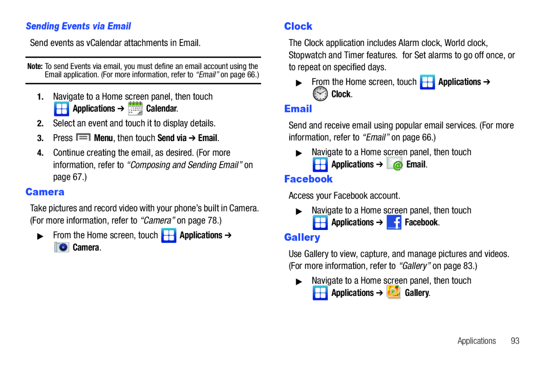 Samsung GH68-32785A user manual Clock, Sending Events via Email, Applications Facebook 