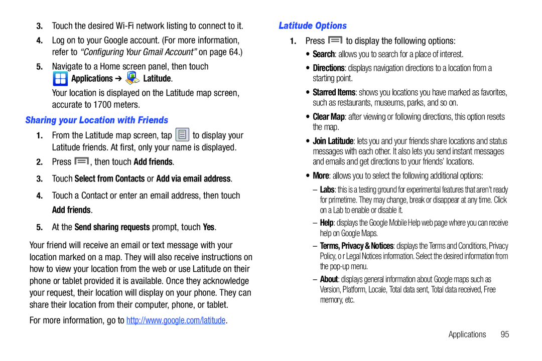 Samsung GH68-32785A user manual Applications Latitude, Sharing your Location with Friends, Press , then touch Add friends 