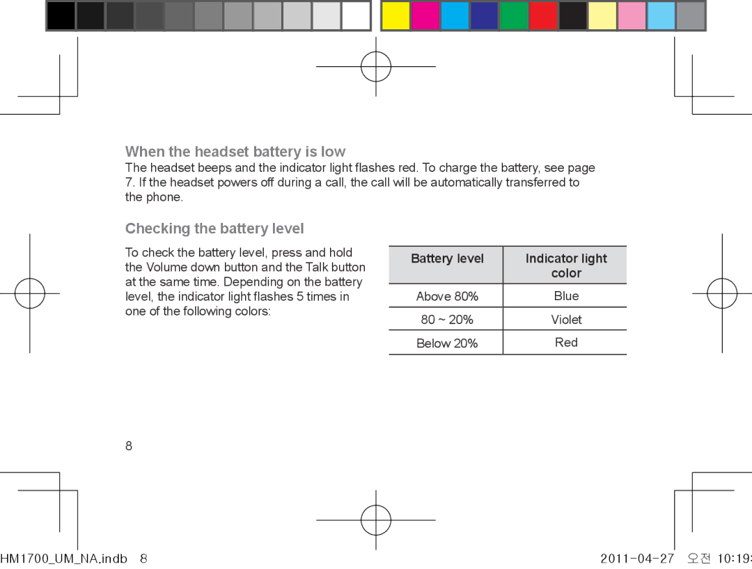 Samsung GH68-34355F manual When the headset battery is low, Checking the battery level, Battery level Indicator light Color 