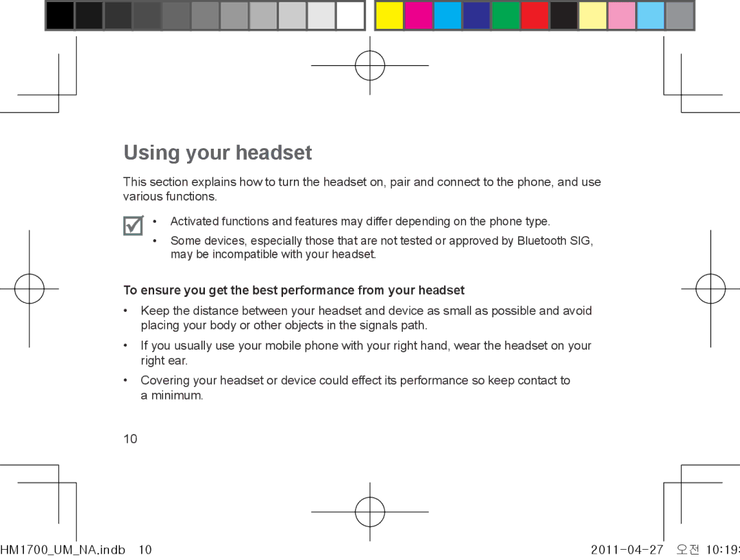 Samsung GH68-34355F manual Using your headset, To ensure you get the best performance from your headset 