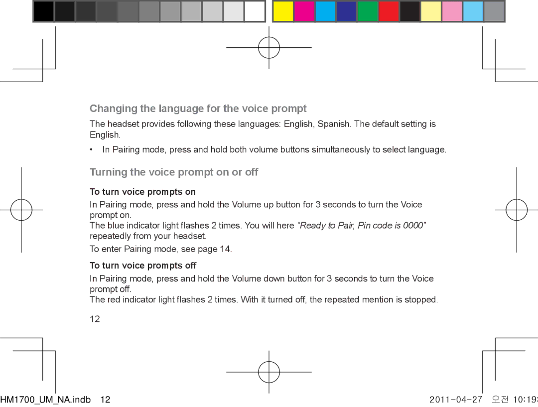 Samsung GH68-34355F manual Changing the language for the voice prompt, Turning the voice prompt on or off 