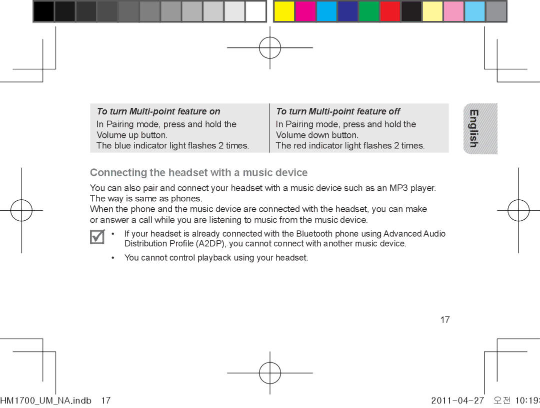 Samsung GH68-34355F manual Connecting the headset with a music device 