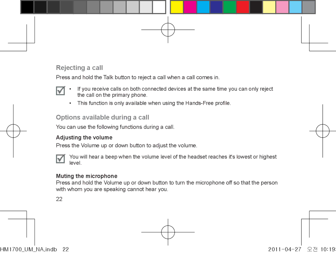 Samsung GH68-34355F manual Rejecting a call, Options available during a call, Adjusting the volume, Muting the microphone 