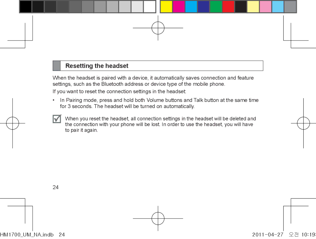 Samsung GH68-34355F manual Resetting the headset 