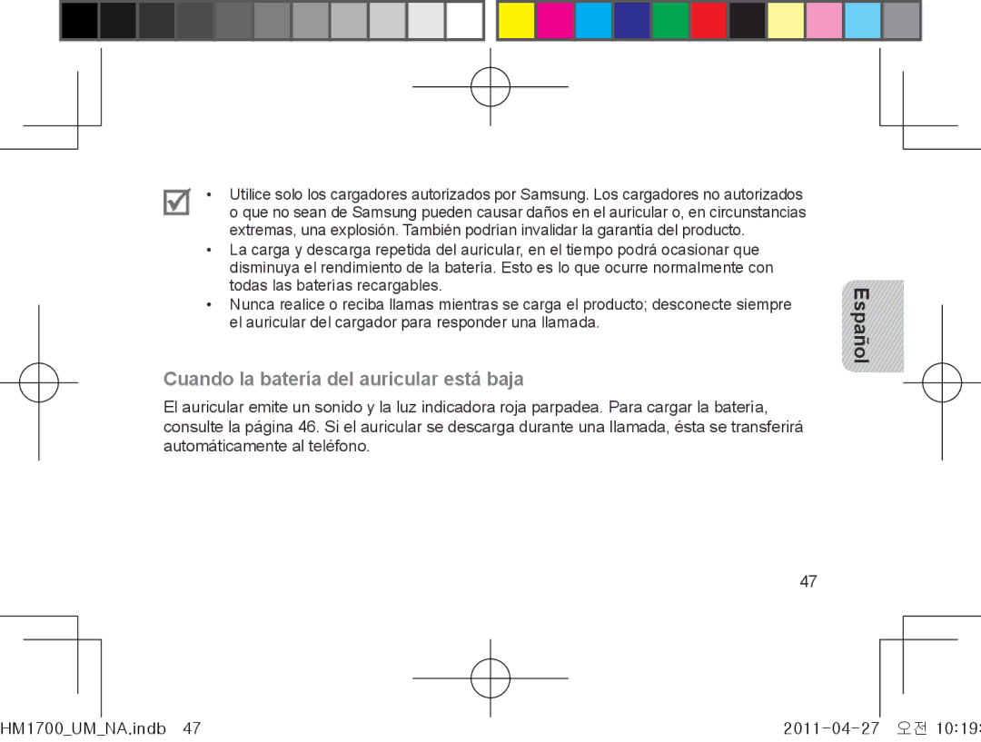 Samsung GH68-34355F manual Cuando la batería del auricular está baja 