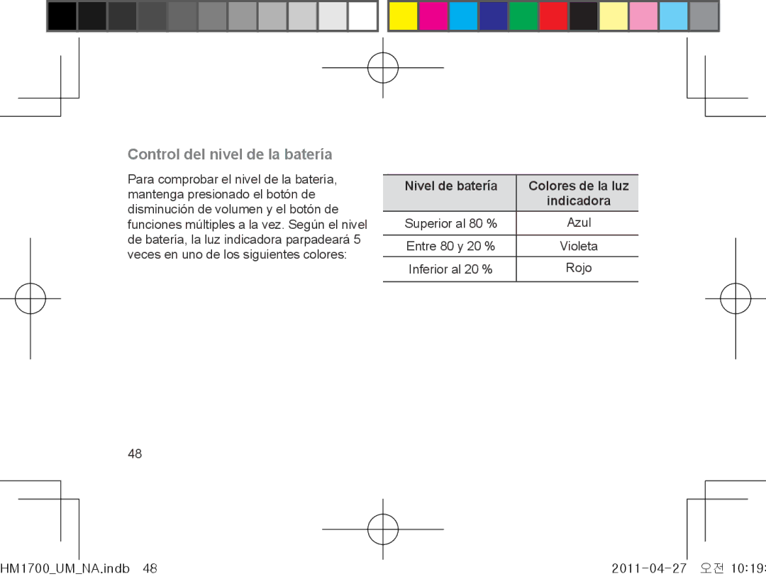 Samsung GH68-34355F manual Control del nivel de la batería, Nivel de batería Colores de la luz Indicadora 